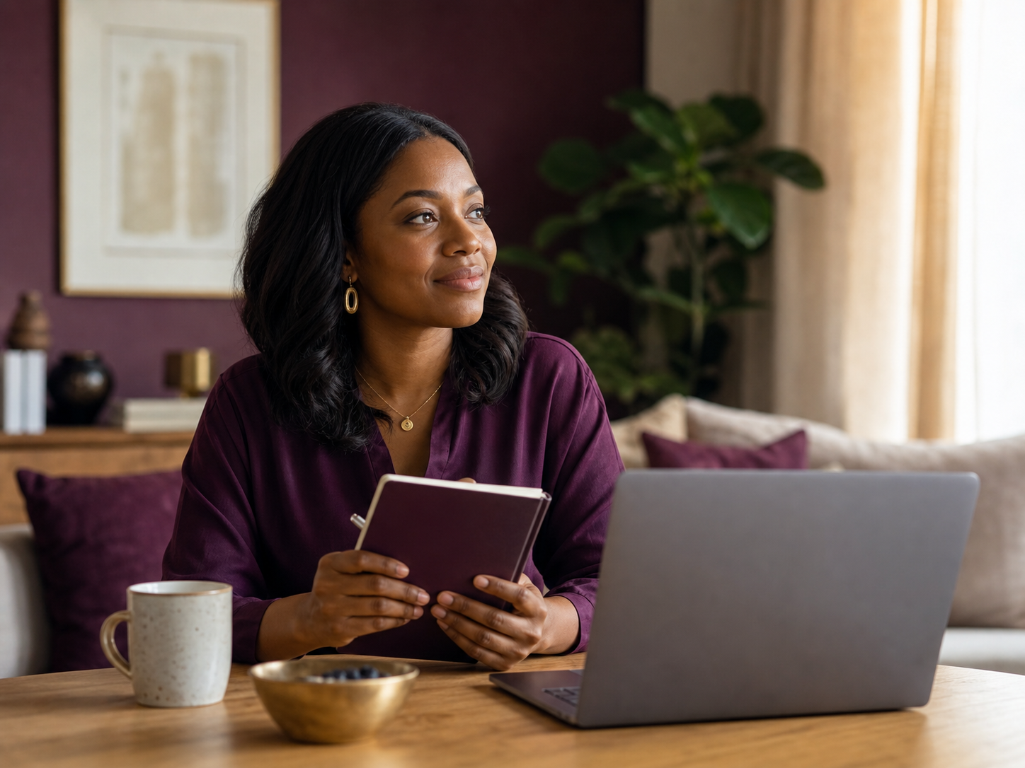 A woman preparing for a private expert conversation at home