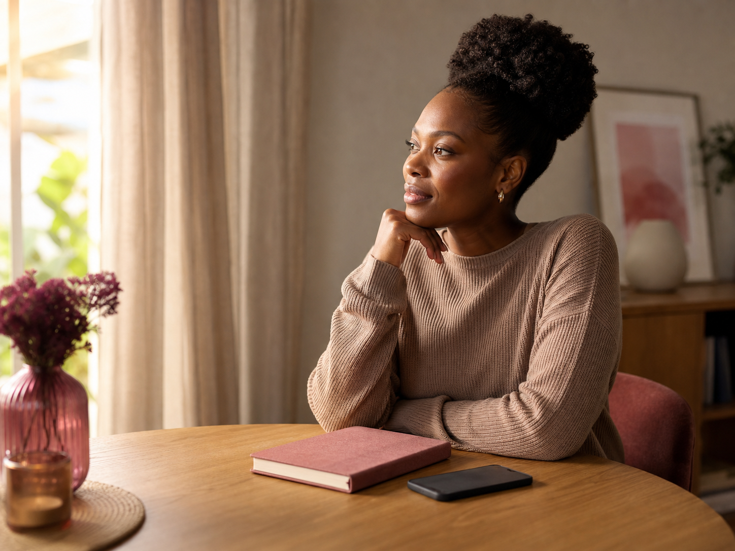 A woman reflecting quietly on her personal rhythms at home