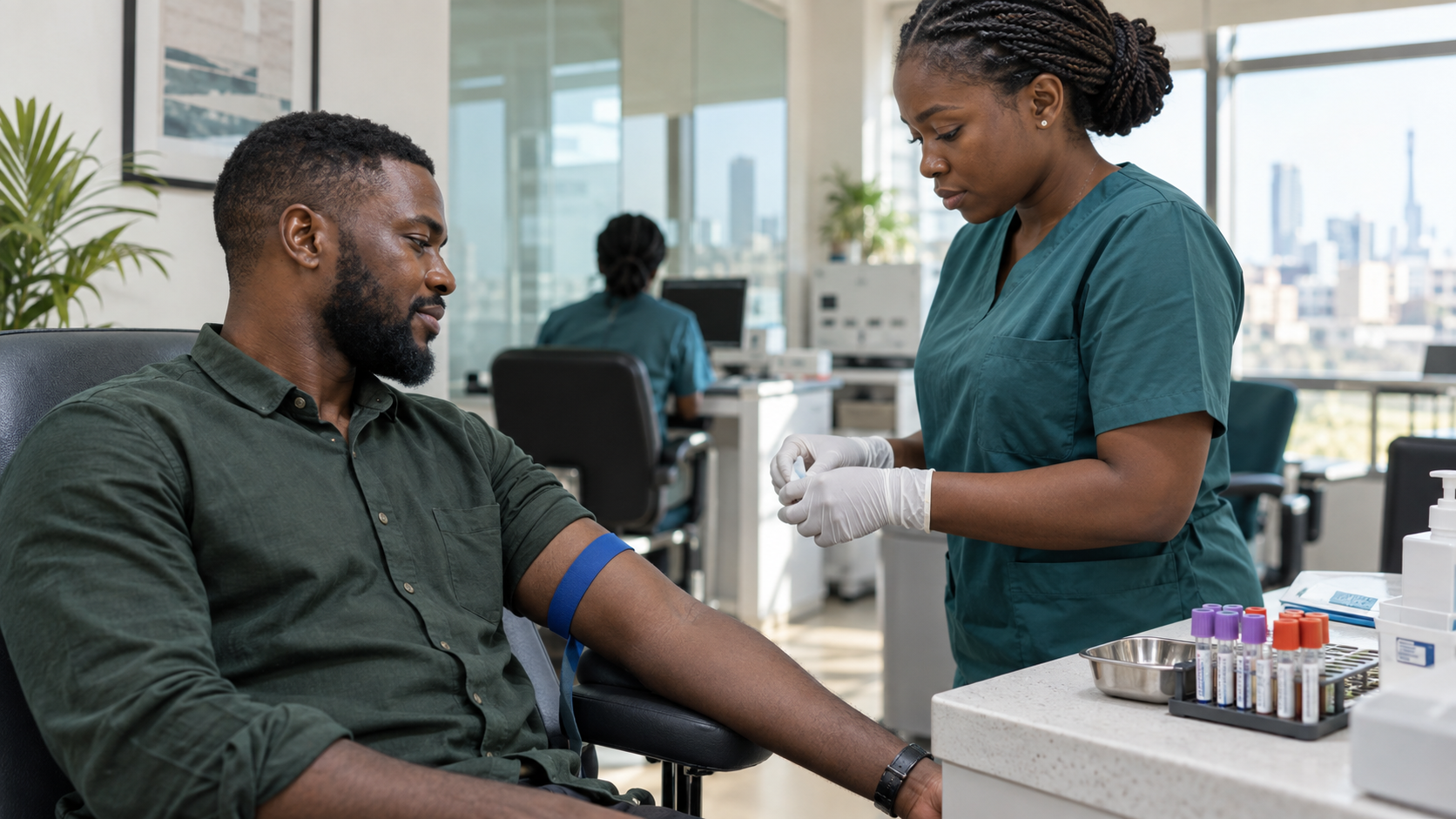 A laboratory professional preparing to collect a sample from a patient
