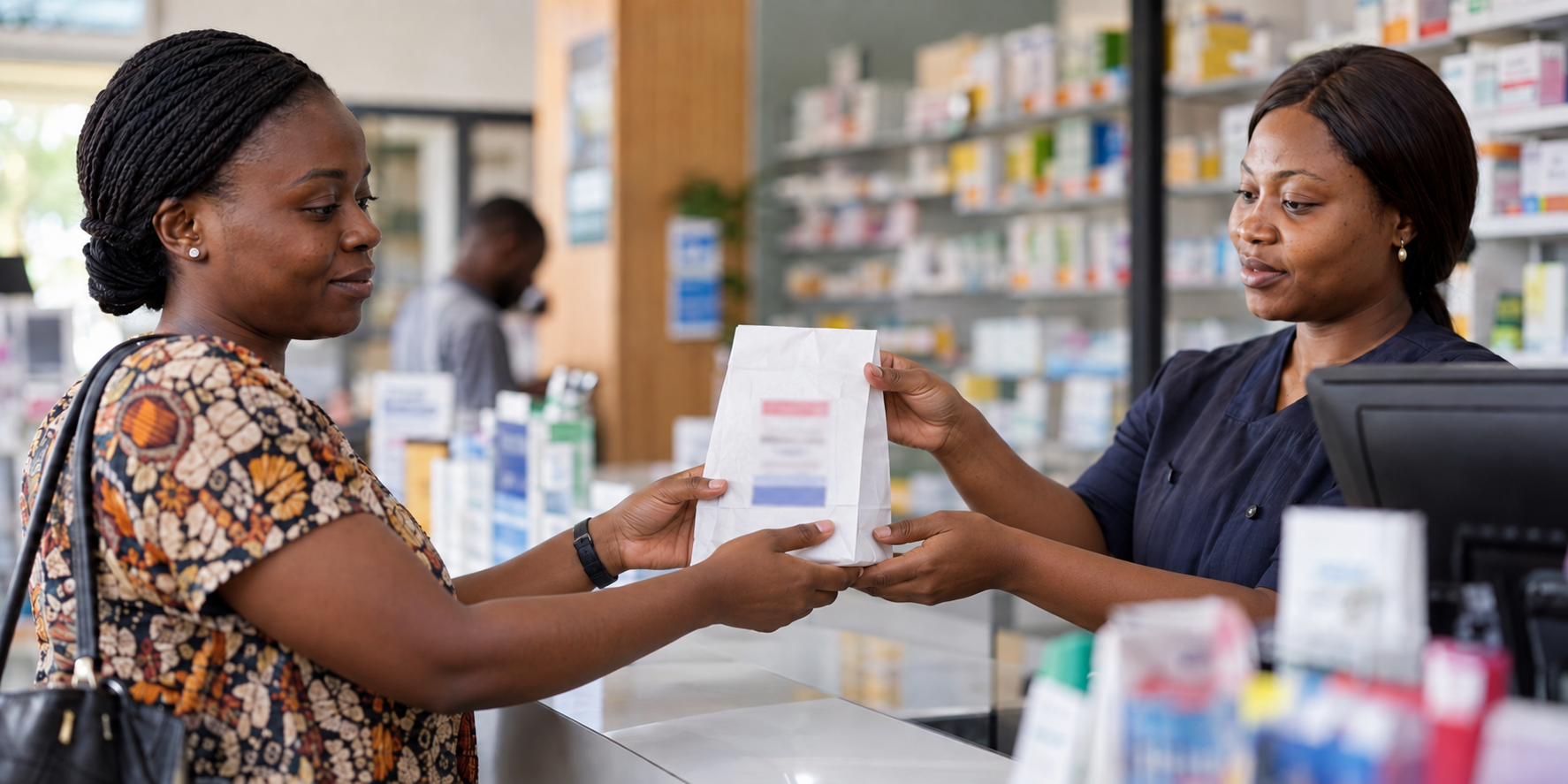 A patient collecting a medicine package from a pharmacist
